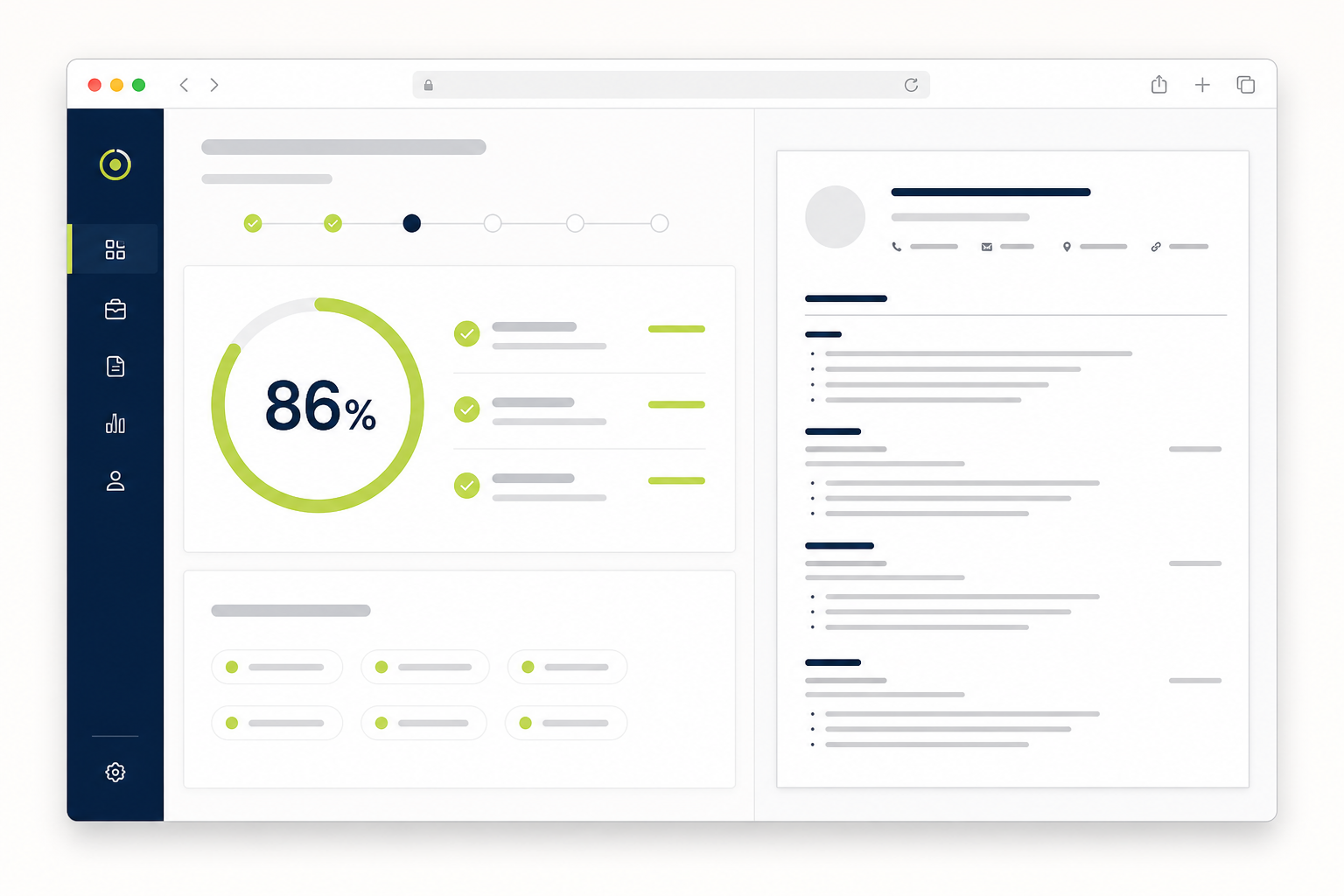 LandTheYes application workspace showing an 86 percent fit score and tailored resume preview