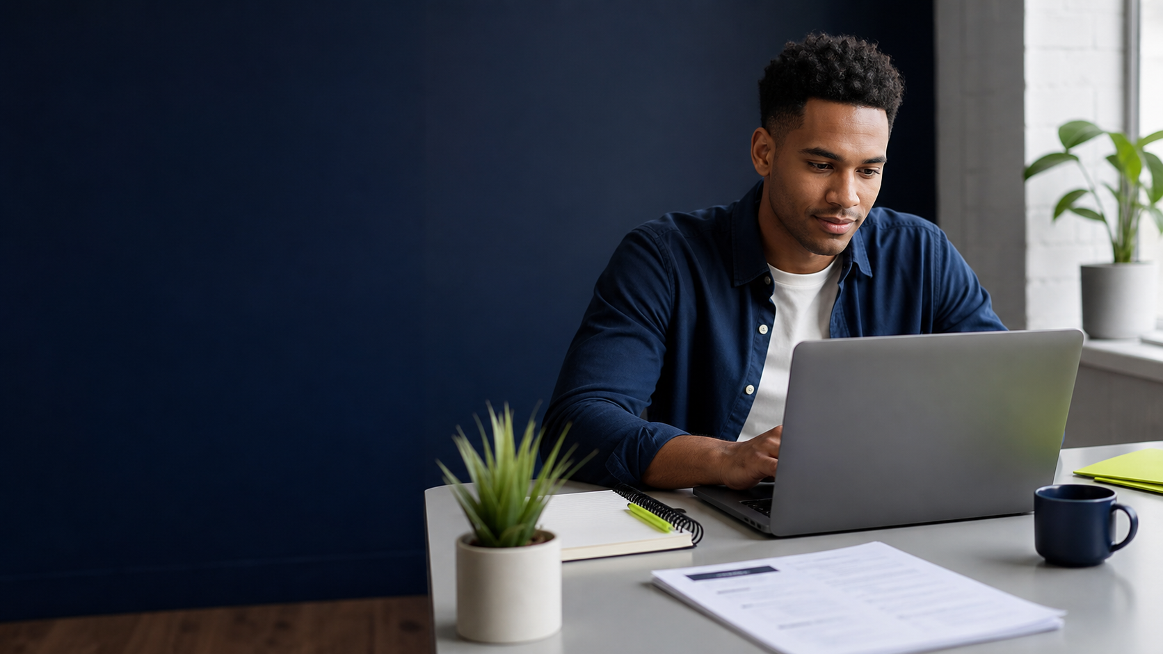 Professional reviewing a job application at a desk